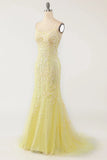 Pastel Yellow Mermaid Lace Evening Prom HZ0307