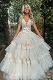 Princess Off The Shoulder Tiered Long Prom HZ0307