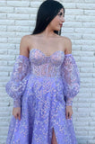 LTP1576,Sparkle Princess Lavender Bustier Puffy Sleeves Lace Long Prom HZ0307