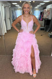 Plunging V-Neck Tulle Pink Evening Prom HZ0307