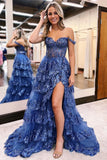Off The Shoulder Sequin Lace Split Long Prom Evening HZ0307