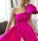 LTP1169,Fuchsia One Shoulder Hot Pink A-Line Satin Long Evening Prom HZ0307