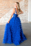 V-Neck Ruffles Sleeveless Tulle Long Formal Prom HZ0307