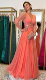 LTP1228,Coral A-Line Prom Dresses,Tulle V-Neck Evening HZ0307