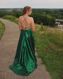 Green A-Line Satin Long Evening Prom HZ0307