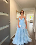 LTP1230,Charming A Line V Neck Light Blue Tulle Long Prom HZ0307
