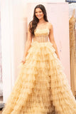 Charming Strapless Ruffles Sequin Tulle Long Prom HZ0307