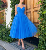 LTP1269,Princess Blue Pleated A-Line Tulle Prom Evening Dresses, Tea Length Homecoming Graduation HZ0307