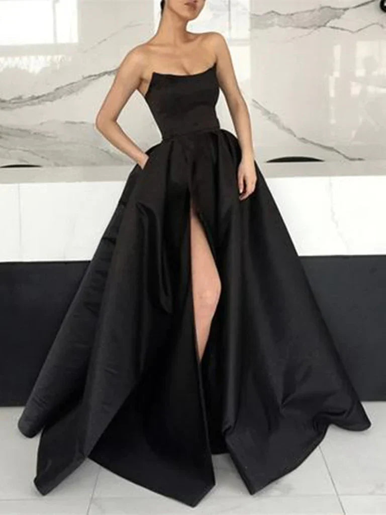 LTP1586,Black Strapless Satin A-Line Long Prom Formal Gown,Split Evening HZ0307