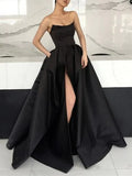 LTP1586,Black Strapless Satin A-Line Long Prom Formal Gown,Split Evening HZ0307