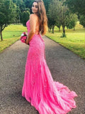 LTP1377,Hot Pink Lace Mermaid Applique Long Prom Evening Dresses With Cross HZ0307