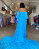 Blue A-Line Chiffon Pleated Split Long Party Prom HZ0307