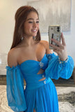 Blue A-Line Chiffon Pleated Split Long Party Prom HZ0307