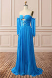 Blue A-Line Chiffon Pleated Split Long Party Prom HZ0307