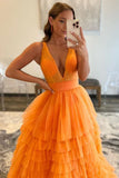 LTP1267, Elegant V Neck Layered Orange Tulle Long Prom Dresses, V Neck Orange Formal Graduation Evening HZ0307