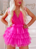 LTP1755, Hot Pink Tulle A-Line Homecoming Dress, V-Neck Party Hoco HZ0307