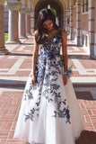 Navy Blue Floral Applique A-Line White Tulle Long Prom Evening HZ0307