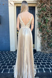 Sexy V-Neck Gold Pleated Sheath Long Formal Prom HZ0307