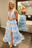 Halter Neck Light Blue Lace Ruffle Prom HZ0307