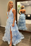 Halter Neck Light Blue Lace Ruffle Prom HZ0307