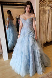 Light Blue Off The Shoulder Prom Dress With Ruffle HZ0307