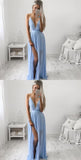 LTP1572,Sexy deep v-neck light blue chiffon prom evening dresses with side HZ0307
