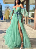 LTP1744,Off Shoulder V Neck Green Tulle Floral Long Prom Dresses with High Slit, Long Green Formal Graduation Evening HZ0307