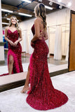 Red Sequins Mermaid Prom Dress, Long Evening Dress With Feather HZ0307
