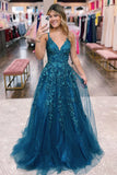 Sparkle A-Line Lace V-Neck Long Evening Prom HZ0307