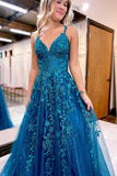 Sparkle A-Line Lace V-Neck Long Evening Prom HZ0307