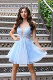 LTP1783,Light Blue A-Line Homecoming Dresses, V-Neck Floral Hoco HZ0307