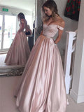 Off The Shoulder Pink A-Line Satin Prom Party HZ0307