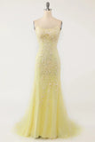 Pastel Yellow Mermaid Lace Evening Prom HZ0307