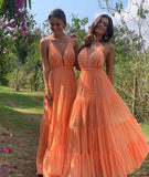 LTP0896,Orange v neck chiffon long prom dress simple evening HZ0307