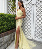 LTP1030,Pastel yellow one shoulder lace mermaid prom dresses with side HZ0307