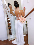 LTP1214,Sweep/Brush Charmeuse Sheath/Column Straps Spaghetti Ruched Sleeveless Train Wedding HZ0307