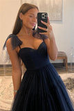 Navy Blue Dots A-Line Tulle Prom Evening HZ0307