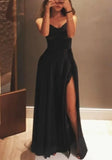 LTP1631,Sexy Black Satin Long Prom Dresses,V-Neck Slip Evening Party HZ0307