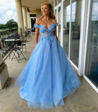 Off The Shoulder Sky Blue Appliques Floral Long Prom HZ0307