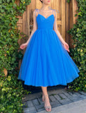 LTP1269,Princess Blue Pleated A-Line Tulle Prom Evening Dresses, Tea Length Homecoming Graduation HZ0307