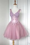 LTP1768,Pink Tulle Mini Homecoming Dress, Applique Ruched Applique Cocktail HZ0307