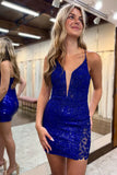 Royal Blue Homecoming Dresses, Sequined Blue Graduation Dresses, Applique Lace Short Prom HZ0307