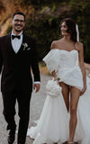 Women Puff Off One Shoulder Chiffon Pleated High Split White Wedding Dresses, Sweetheart Bridal Gown Custom HZ0307
